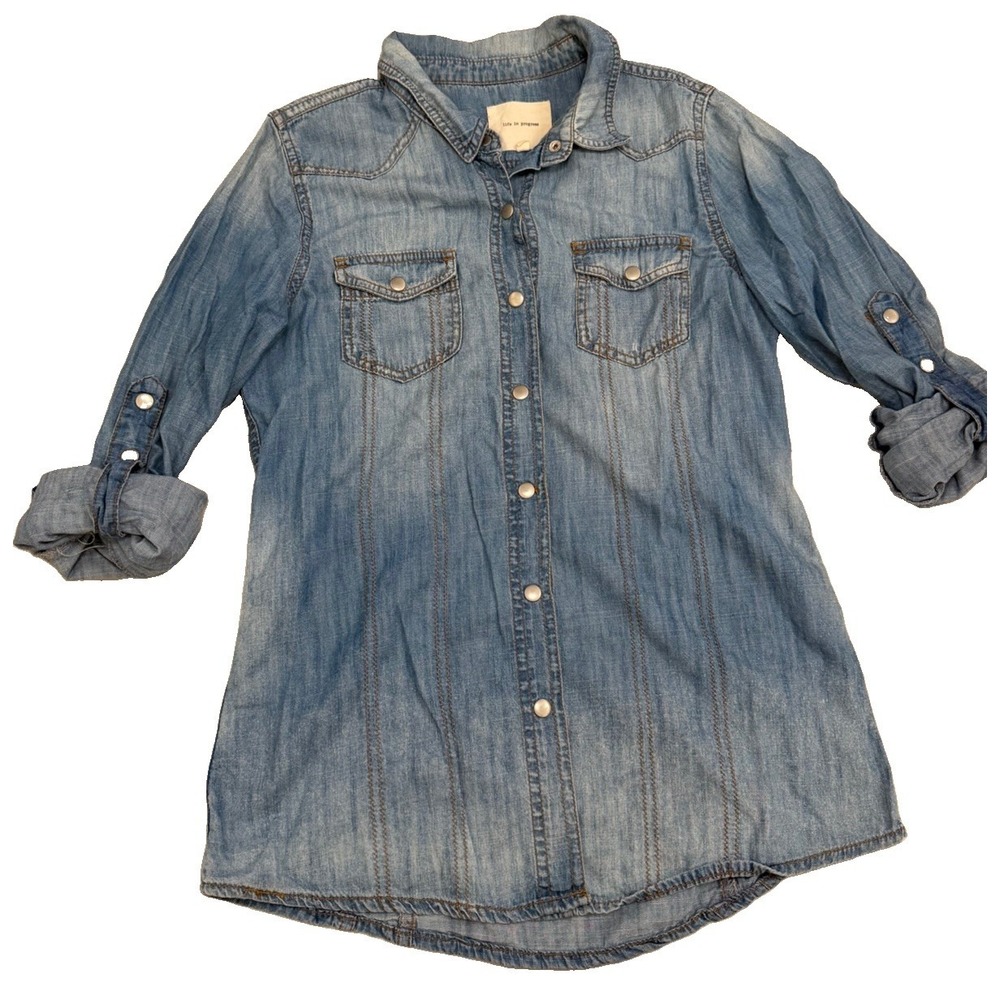 Life in Progress Womens Blue Denim Button Front Collared Long Sleeve Shirt M